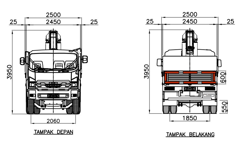 dimensi truk Giga FVZ U HP dengan aplikasi Crane