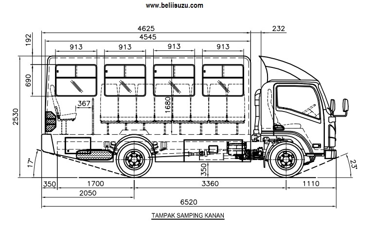 Drawing mobil MANHAUL 16 seat Isuzu NLR B L - tampak samping KANAN